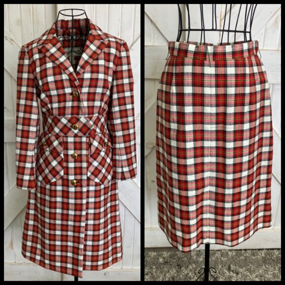 60s Vintage Junior Accent Red White Black Tartan Plaid Mod Jacket Skirt Suit Set - Picture 3 of 15